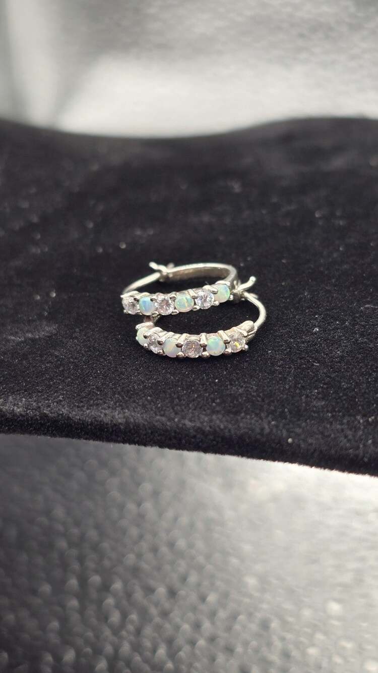 Vintage .7 Inch Sterling Silver Opal and Cz Hoop Earrings Designer B